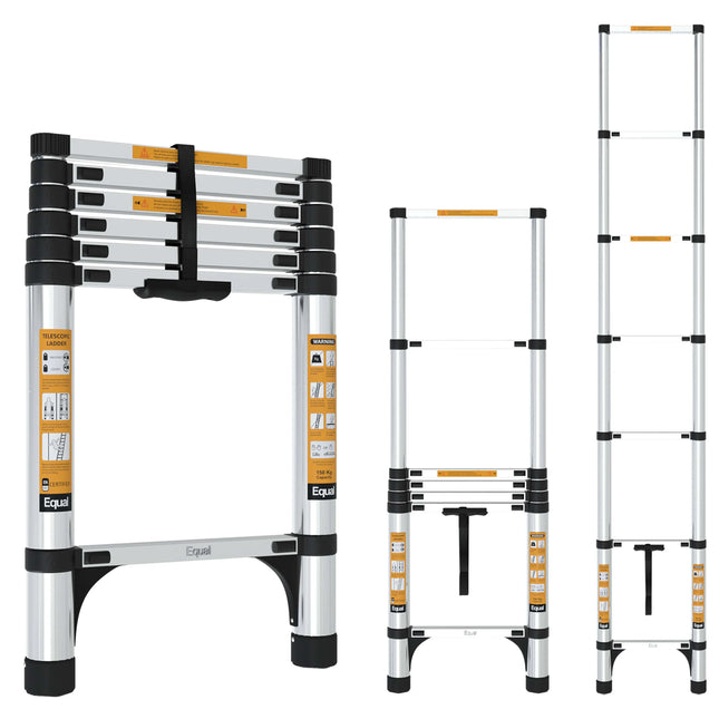 Equal 6.5 FT Aluminum Folding Telescopic Ladder with 2 Triangle Stabilizers | EN131 Certified with 2 Year Warranty | 150kg Max Capacity | Collapsible Ladder for Home or Outdoor Work (2m/7 Steps)