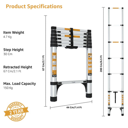 Equal 6.5 FT Aluminum Folding Telescopic Ladder with 2 Triangle Stabilizers | EN131 Certified with 2 Year Warranty | 150kg Max Capacity | Collapsible Ladder for Home or Outdoor Work (2m/7 Steps)