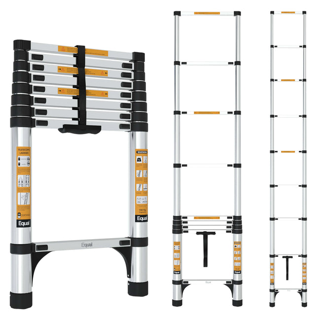 Equal 8.5 FT Aluminum Folding Telescopic Ladder with 2 Triangle Stabilizers | EN131 Certified with 2 Year Warranty | 150kg Max Capacity | Collapsible Ladder for Home or Outdoor Work (2.5m/8 Step)