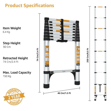 Equal 8.5 FT Aluminum Folding Telescopic Ladder with 2 Triangle Stabilizers | EN131 Certified with 2 Year Warranty | 150kg Max Capacity | Collapsible Ladder for Home or Outdoor Work (2.5m/8 Step)