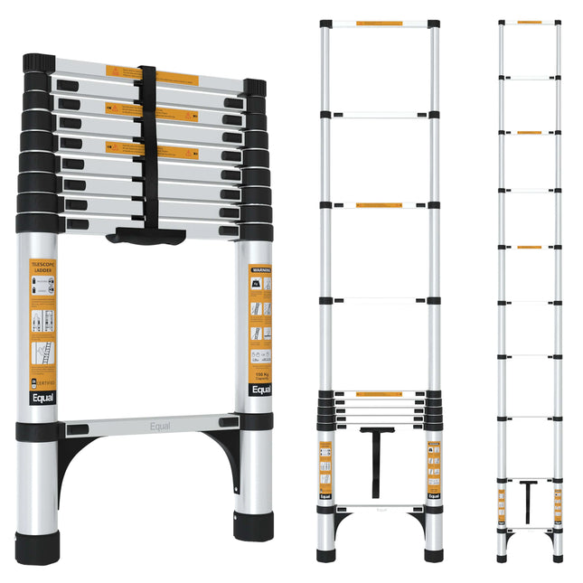 Equal 9.5 FT Aluminum Folding Telescopic Ladder with 2 Triangle Stabilizers | EN131 Certified with 2 Year Warranty | 150kg Max Capacity | Collapsible Ladder for Home or Outdoor Work (2.9m/10 Step)