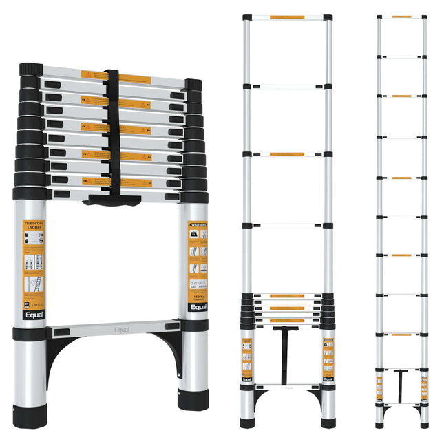 Equal 10.5 FT Aluminum Folding Telescopic Ladder with 2 Triangle Stabilizers | EN131 Certified with 2 Year Warranty | 150kg Max Capacity | Collapsible Ladder for Home or Outdoor Work (3.2m/11 Step)