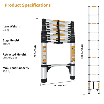 Equal 10.5 FT Aluminum Folding Telescopic Ladder with 2 Triangle Stabilizers | EN131 Certified with 2 Year Warranty | 150kg Max Capacity | Collapsible Ladder for Home or Outdoor Work (3.2m/11 Step)