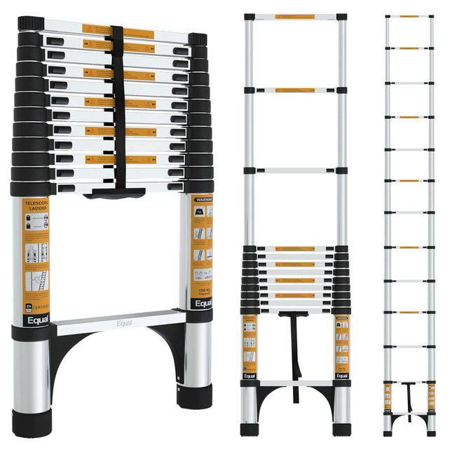 Equal 12.5 FT Aluminum Folding Telescopic Ladder with 2 Triangle Stabilizers | EN131 Certified with 2 Year Warranty | 150kg Max Capacity | Collapsible Ladder for Home or Outdoor Work (3.8m/13 Step)