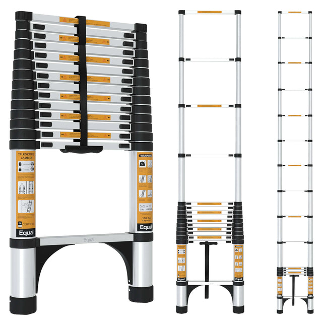 Equal 15 FT Aluminum Folding Telescopic Ladder with 2 Triangle Stabilizers | EN131 Certified with 2 Year Warranty | 150kg Max Capacity | Collapsible Ladder for Home or Outdoor Work (4.4m/15 Step)