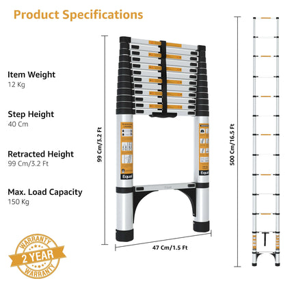 Equal 16.5 FT Aluminum Folding Telescopic Ladder with 2 Triangle Stabilizers | EN131 Certified with 2 Year Warranty | 150kg Max Capacity | Collapsible Ladder for Home or Outdoor Work (5m/13 Step)