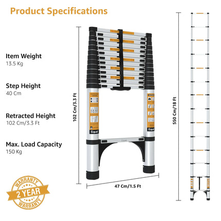 Equal 18 FT Aluminum Folding Telescopic Ladder with 2 Triangle Stabilizers | EN131 Certified with 2 Year Warranty | 150kg Max Capacity | Collapsible Ladder for Home or Outdoor Work (5.5m/14 Step)