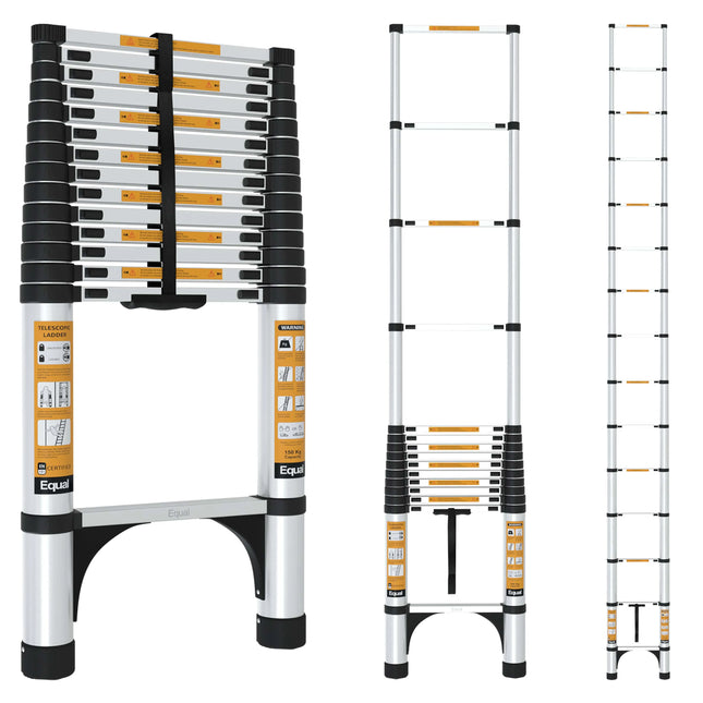 Equal 20.5 FT Aluminum Folding Telescopic Ladder with 2 Triangle Stabilizers | EN131 Certified with 2 Year Warranty | 150kg Max Capacity | Collapsible Ladder for Home or Outdoor Work (6.2m/15 Step)