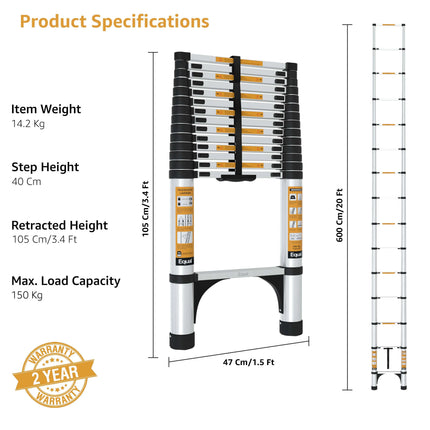 Equal 20.5 FT Aluminum Folding Telescopic Ladder with 2 Triangle Stabilizers | EN131 Certified with 2 Year Warranty | 150kg Max Capacity | Collapsible Ladder for Home or Outdoor Work (6.2m/15 Step)