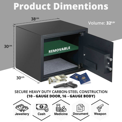 Equal 32L SecureLitePro Digital Safe Locker with Pincode Access and Emergency Key - Grey