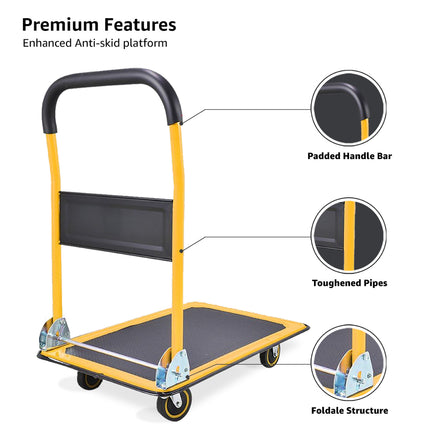 Equal 300kg Capacity Steel Foldable Platform Trolley Hand Cart for Material Handling, Yellow