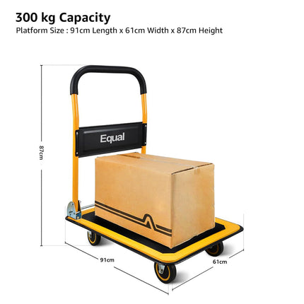 Equal 300kg Capacity Steel Foldable Platform Trolley Hand Cart for Material Handling, Yellow