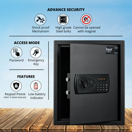 Equal 48L SecureX Digital Safe Locker with Pincode Access and Emergency Key - Black
