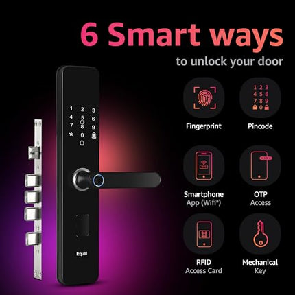 Equal Smart Door Lock A8 WiFi in Matte Black: Fingerprint & 3 More Ways to Unlock; Wooden Door Compatible; 1-Year Warranty.