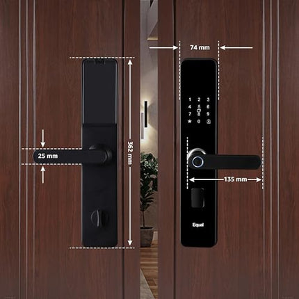 Equal Smart Door Lock A8 WiFi in Matte Black: Fingerprint & 3 More Ways to Unlock; Wooden Door Compatible; 1-Year Warranty.