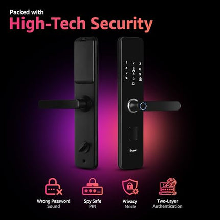 Equal Smart Door Lock A8 WiFi in Matte Black: Fingerprint & 3 More Ways to Unlock; Wooden Door Compatible; 1-Year Warranty.