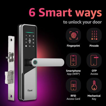 Equal Smart Door Lock S8 WiFi in Silver: Fingerprint & 5 More Ways to Unlock; Wooden Door Compatible; 1-Year Warranty.