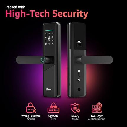 Equal Smart Door Lock S8 WiFi in Black: Fingerprint & 5 More Ways to Unlock; Wooden Door Compatible; 1-Year Warranty.