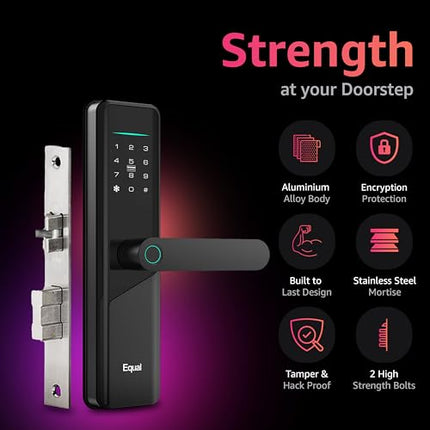 Equal Smart Door Lock S8 WiFi in Black: Fingerprint & 5 More Ways to Unlock; Wooden Door Compatible; 1-Year Warranty.