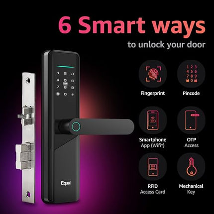 Equal Smart Door Lock S8 WiFi in Black: Fingerprint & 5 More Ways to Unlock; Wooden Door Compatible; 1-Year Warranty.