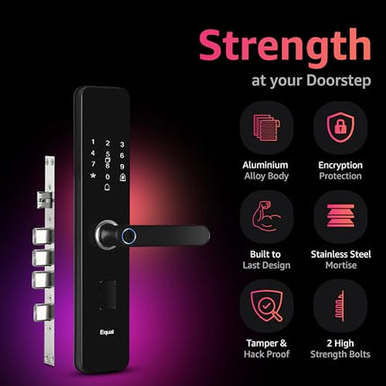 Equal Smart Door Lock A8 WiFi in Gloss Black: Fingerprint & 3 More Ways to Unlock; Wooden Door Compatible; 1-Year Warranty.
