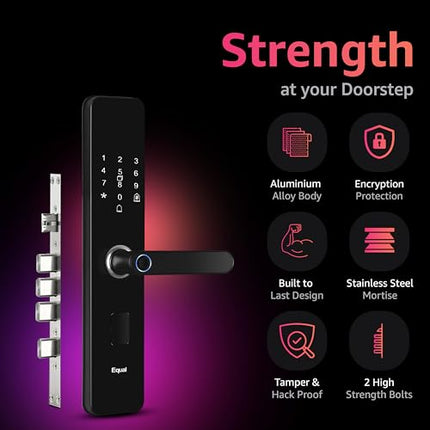 Equal Smart Door Lock A8 WiFi in Matte Black: Fingerprint & 3 More Ways to Unlock; Wooden Door Compatible; 1-Year Warranty.