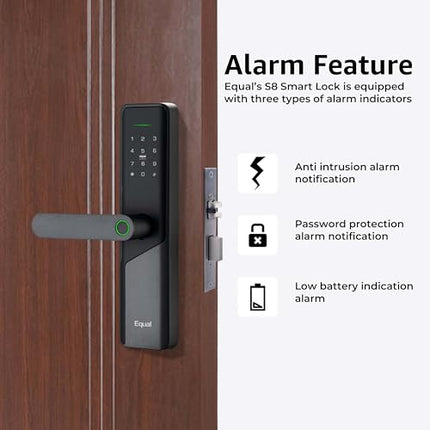 Equal Smart Door Lock S8 WiFi in Black: Fingerprint & 5 More Ways to Unlock; Wooden Door Compatible; 1-Year Warranty.