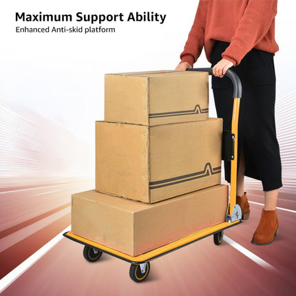 Equal 300kg Capacity Steel Foldable Platform Trolley Hand Cart for Material Handling, Yellow