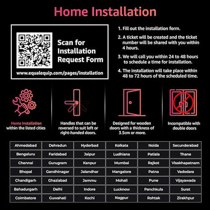 Equal Smart Door Lock A8 WiFi in Gloss Black: Fingerprint & 5 More Ways to Unlock; Wooden Door Compatible; 1-Year Warranty.
