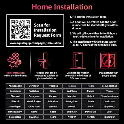 Equal Smart Door Lock A8 WiFi in Matte Black: Fingerprint & 3 More Ways to Unlock; Wooden Door Compatible; 1-Year Warranty.