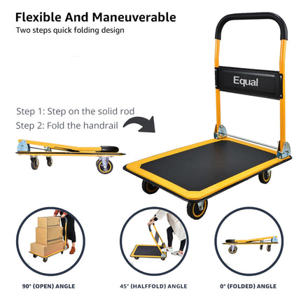 Equal 300kg Capacity Steel Foldable Platform Trolley Hand Cart for Material Handling, Yellow