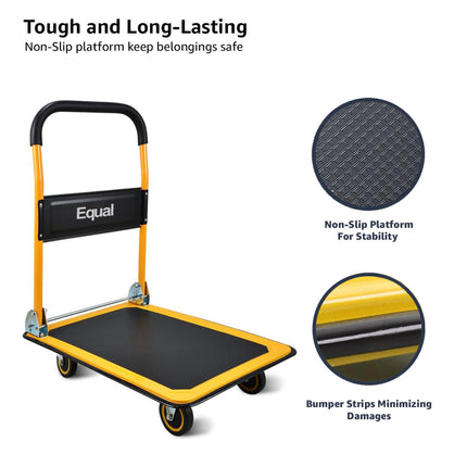 Equal 300kg Capacity Steel Foldable Platform Trolley Hand Cart for Material Handling, Yellow