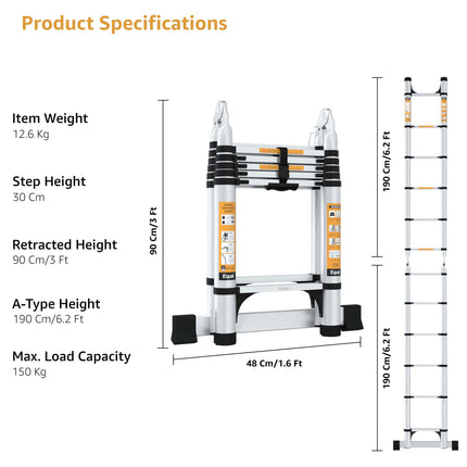 Equal 12.5 FT 2-IN-1 Aluminum Telescopic Ladder with 2 Triangle Support & Stabilizers | EN131 Certified with 2 Year Warranty | 150kg Max Capacity | Ladder for Home or Outdoor Work (3.8m/6+6 Step)