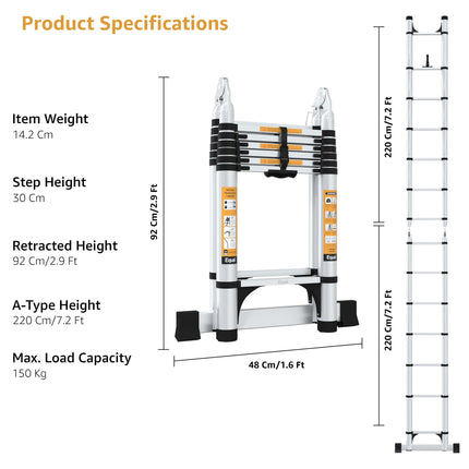 Equal 15 FT 2-IN-1 Aluminum Telescopic Ladder with 2 Triangle Support & Stabilizers | EN131 Certified with 2 Year Warranty | 150kg Max Capacity | Ladder for Home or Outdoor Work (4.4m/7+7 Step)