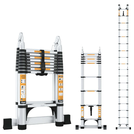 Equal 19 FT 2-IN-1 Aluminum Telescopic Ladder with 2 Triangle Support & Stabilizers | EN131 Certified with 2 Year Warranty | 150kg Max Capacity | Ladder for Home or Outdoor Work (5.6m/9+9 Step)