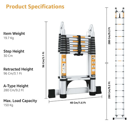 Equal 19 FT 2-IN-1 Aluminum Telescopic Ladder with 2 Triangle Support & Stabilizers | EN131 Certified with 2 Year Warranty | 150kg Max Capacity | Ladder for Home or Outdoor Work (5.6m/9+9 Step)