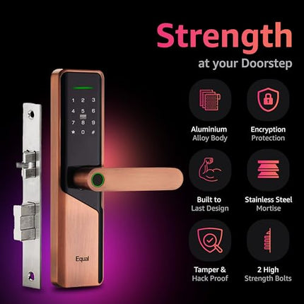 Equal Smart Door Lock S8 WiFi in Red Metal: Fingerprint & 5 More Ways to Unlock; Wooden Door Compatible; 1-Year Warranty.