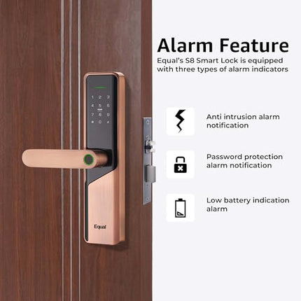 Equal Smart Door Lock S8 WiFi in Red Metal: Fingerprint & 5 More Ways to Unlock; Wooden Door Compatible; 1-Year Warranty.