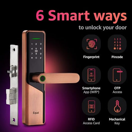 Equal Smart Door Lock S8 WiFi in Red Metal: Fingerprint & 5 More Ways to Unlock; Wooden Door Compatible; 1-Year Warranty.