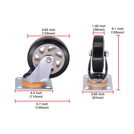 Equal 5 Inch Fixed Swivel Caster Wheels Heavy Duty for 300kg to 600Kg Capacity, Pack Of 5, 2 Fix 3 Swivel